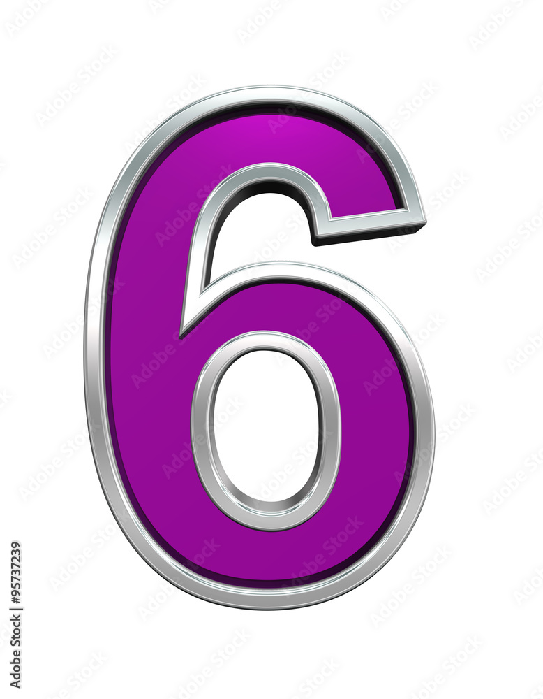 Fototapete one digit from purple glass with chrome frame alphabet set, isolated on white. computer generated 3d