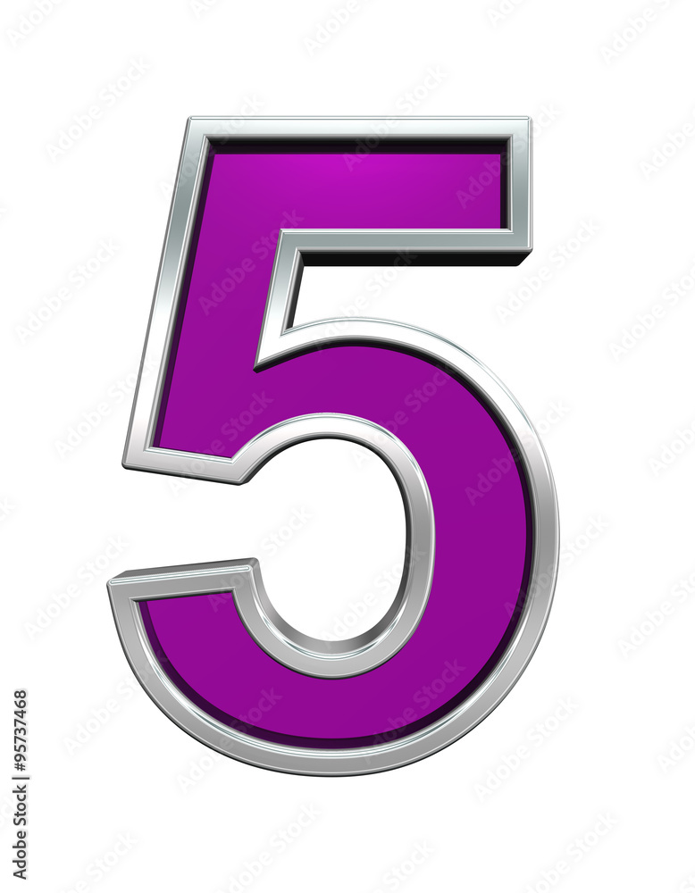 Fototapete one digit from purple glass with chrome frame alphabet set, isolated on white. computer generated 3d