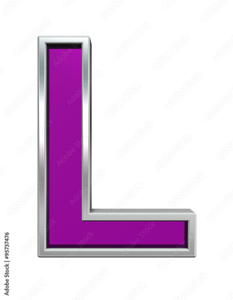 Fototapete one letter from purple glass with chrome frame alphabet set, isolated on white. computer generated 3