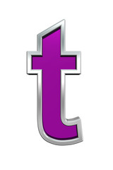 One lower case letter from purple glass with chrome frame alphabet set, isolated on white. Computer generated 3D photo rendering.