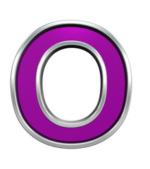 One letter from purple glass with chrome frame alphabet set, isolated on white. Computer generated 3D photo rendering.