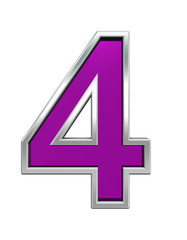 One digit from purple glass with chrome frame alphabet set, isolated on white. Computer generated 3D photo rendering.