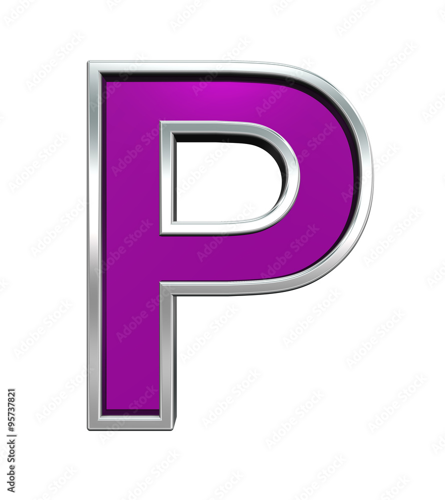 Fototapete one letter from purple glass with chrome frame alphabet set, isolated on white. computer generated 3