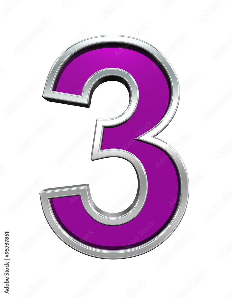 Fototapete one digit from purple glass with chrome frame alphabet set, isolated on white. computer generated 3d