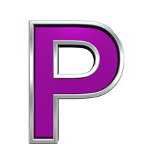 One letter from purple glass with chrome frame alphabet set, isolated on white. Computer generated 3D photo rendering.