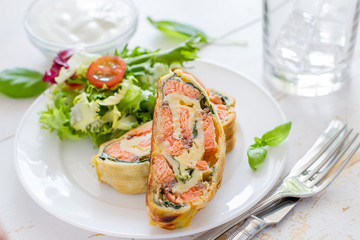 Salmon and spinach strudel 