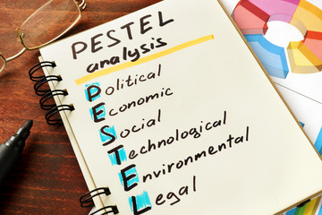Pestel analysis  concept. Notepad on the table.