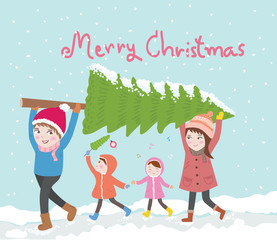 Fototapeta na wymiar cute family carries christmas tree'vector illustration