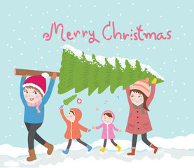 Fototapeta premium cute family carries christmas tree'vector illustration