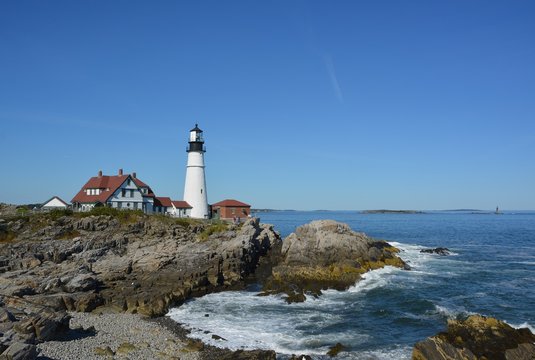 historic Portland Head lighthouse in Cape Elizabeth, Maine, overlooking the Casco Bay in the Gulf of Maine