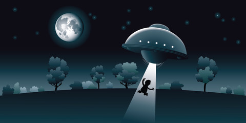 A cartoon man is abducted by an alien UFO flying saucer under the light of the full moon. © blambca