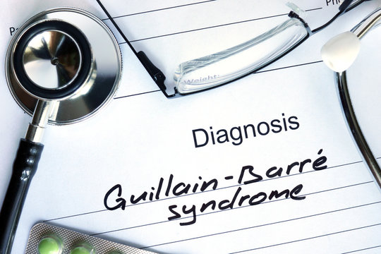 Diagnosis  Guillain-Barre syndrome, pills and stethoscope.