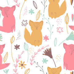 Obraz premium Vector illustration. Seamless pattern. Funny cats with hand drawn texture.