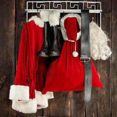 wooden wall and santa claus clothes 