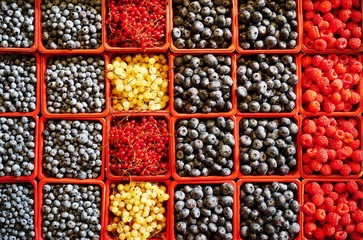 Colorful mixed berries in containers at the farmers market
