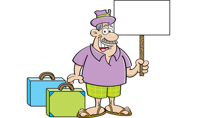Cartoon illustration of a man with suitcases and holding a sign.