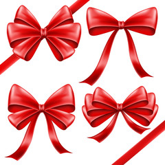 Realistic red bow set, isolated on white, for gifts and presents