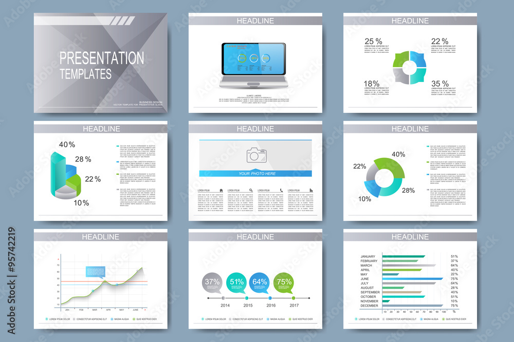 Aufkleber Set of vector templates for presentation slides. Modern business design with graph and charts