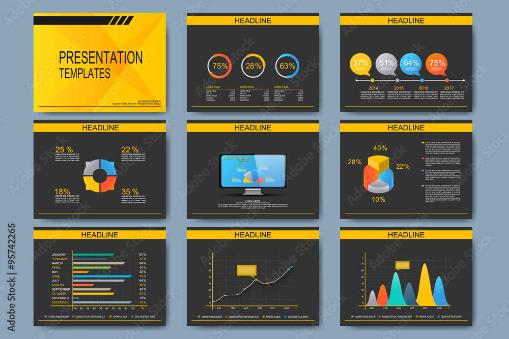 Poster Set of vector templates for presentation slides. Modern business design with graph and charts