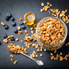 Obraz na płótnie Canvas Healthy breakfast. Fresh granola, muesli with berries, honey 