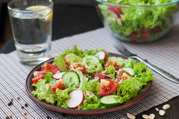 Tomato and cucumber salad with lettuce leafes