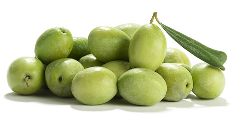 Heap of green olive with leaf isolated on white background.