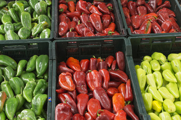red and green pepper in market