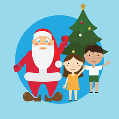 Santa and children and tree. Vector.