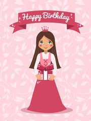 Happy Birthday little princess. Cute Vector Birthday card with floral background. Princess with birthday gift.