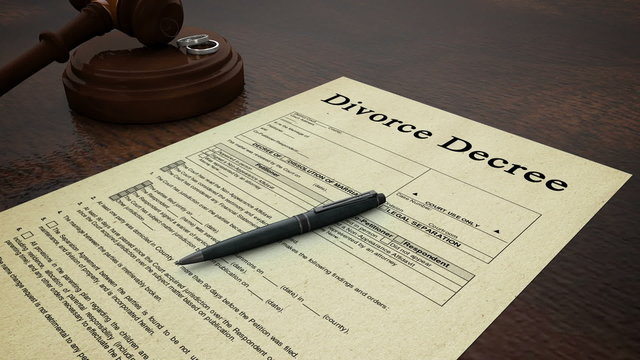 Divorce Paper and Gavel. 4 clips total.
First 2 clips are untreated shots of the camera moving over a gavel and rings to reveal divorce decree papers and a pen.
