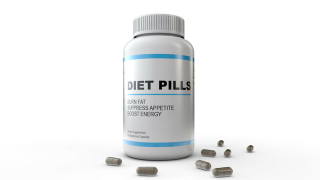 Diet Pills Rotate. a bottle of generic diet pills spin around, while tablets are surrounding on the floor. on a white background.
luma matte supplied for easy isolation.
