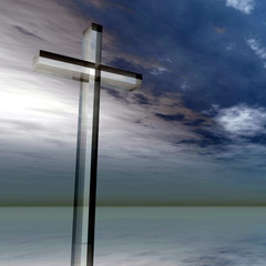 Conceptual glass cross or religion symbol on water over a sunset sky