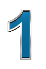 One digit from blue glass with chrome frame alphabet set, isolated on white. Computer generated 3D photo rendering.