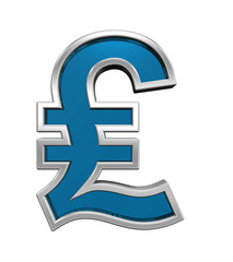 Pound sign from blue glass with chrome frame alphabet set, isolated on white. Computer generated 3D photo rendering.