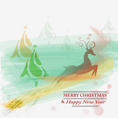 New year card with reindeer in watercolor style. Vector.