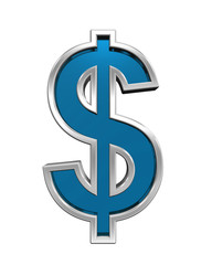 Dollar sign from blue glass with chrome frame alphabet set, isolated on white. Computer generated 3D photo rendering.