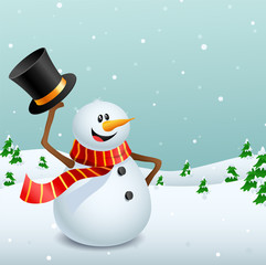 Illustration of a cute cartoon snowman waving his top hat with snowy pines in background