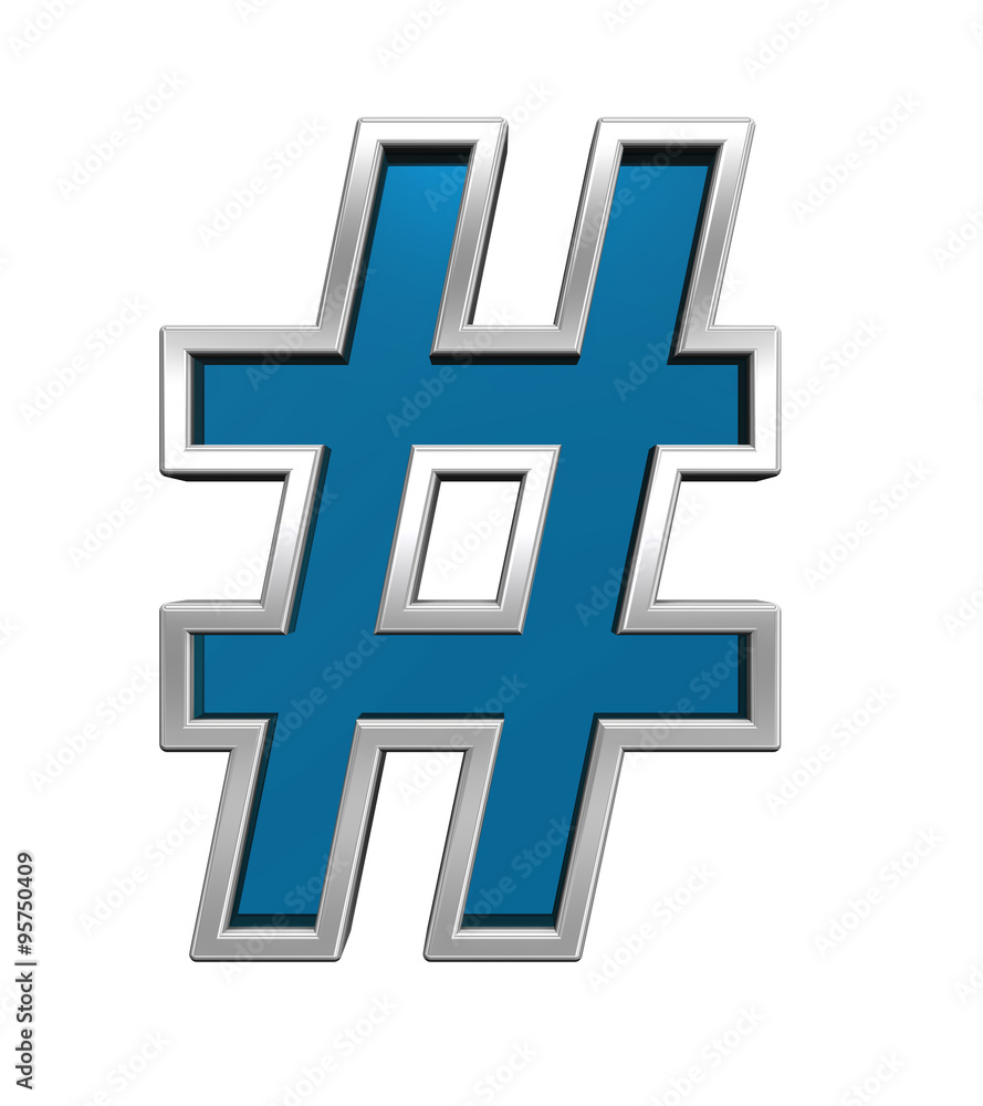Fototapete number mark sign from blue glass with chrome frame alphabet set, isolated on white. computer generat
