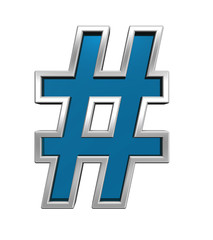 Obraz premium Number mark sign from blue glass with chrome frame alphabet set, isolated on white. Computer generated 3D photo rendering.