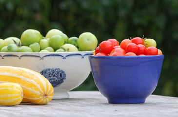 Tomato and pumpkins on a table closeup