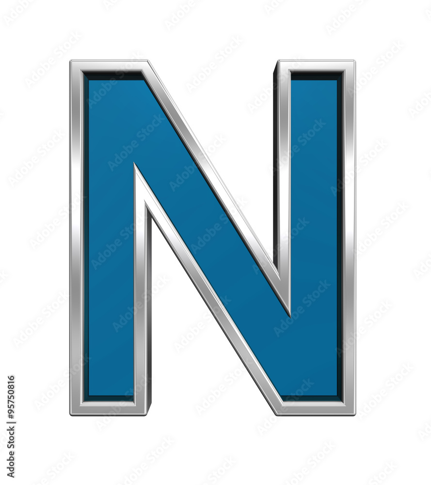 Fototapete one letter from blue glass with chrome frame alphabet set, isolated on white. computer generated 3d 