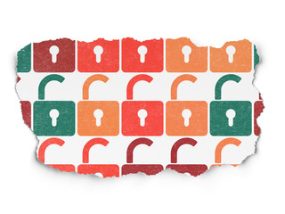 Safety concept: Opened Padlock icons on Torn Paper background