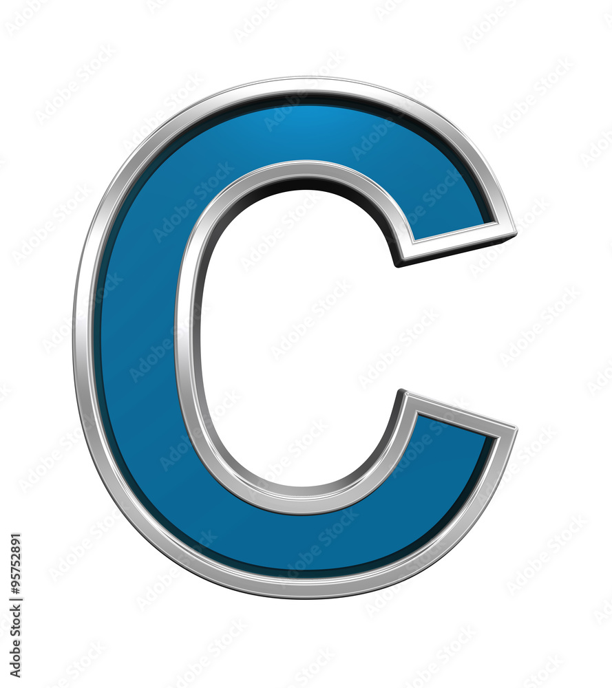 Fototapete one letter from blue glass with chrome frame alphabet set, isolated on white. computer generated 3d 