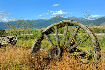 Bygone Era shows in the rustic remains of wagon bed and wheel.  Pioneers visited the Paradise Valley and relics remain.