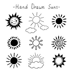 Hand drawn sun icon set. Vector illustration.