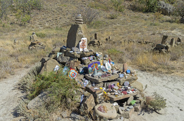 Makeshift altar to god Shiva in Crimea mountains.