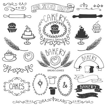 Vintage Bakery Labels element set.Hand sketched.Outline 