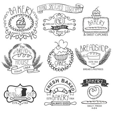 Vintage Bakery Labels.Outline hand sketched