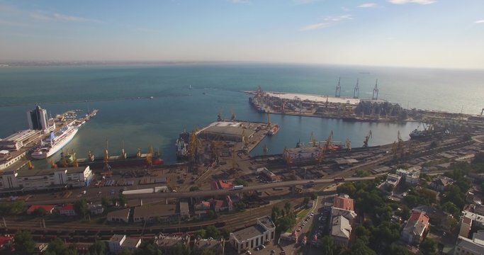 City port on sunrise.Odessa Marine Trade Port  is one of the largest ports in the Black Sea basin. Odessa, Ukraine. Aerial view. 