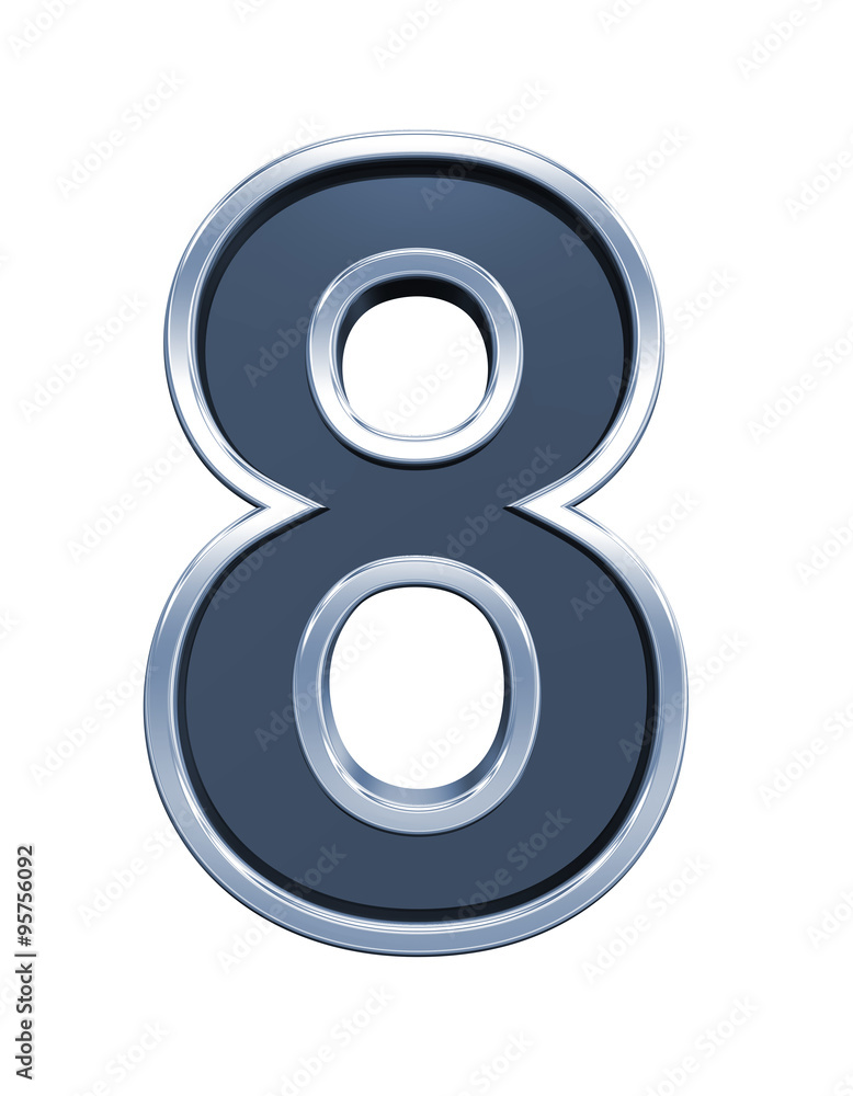 Fototapete One digit from grey glass with chrome frame alphabet set, isolated on white. Computer generated 3D photo rendering.